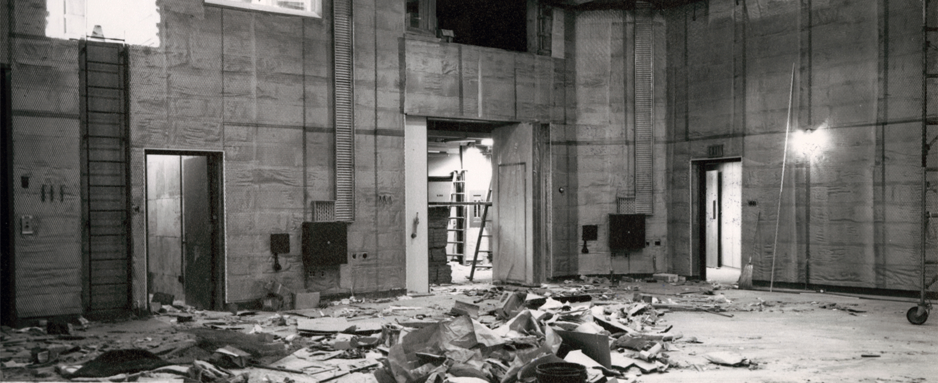 A black and white image of the theatre under construction