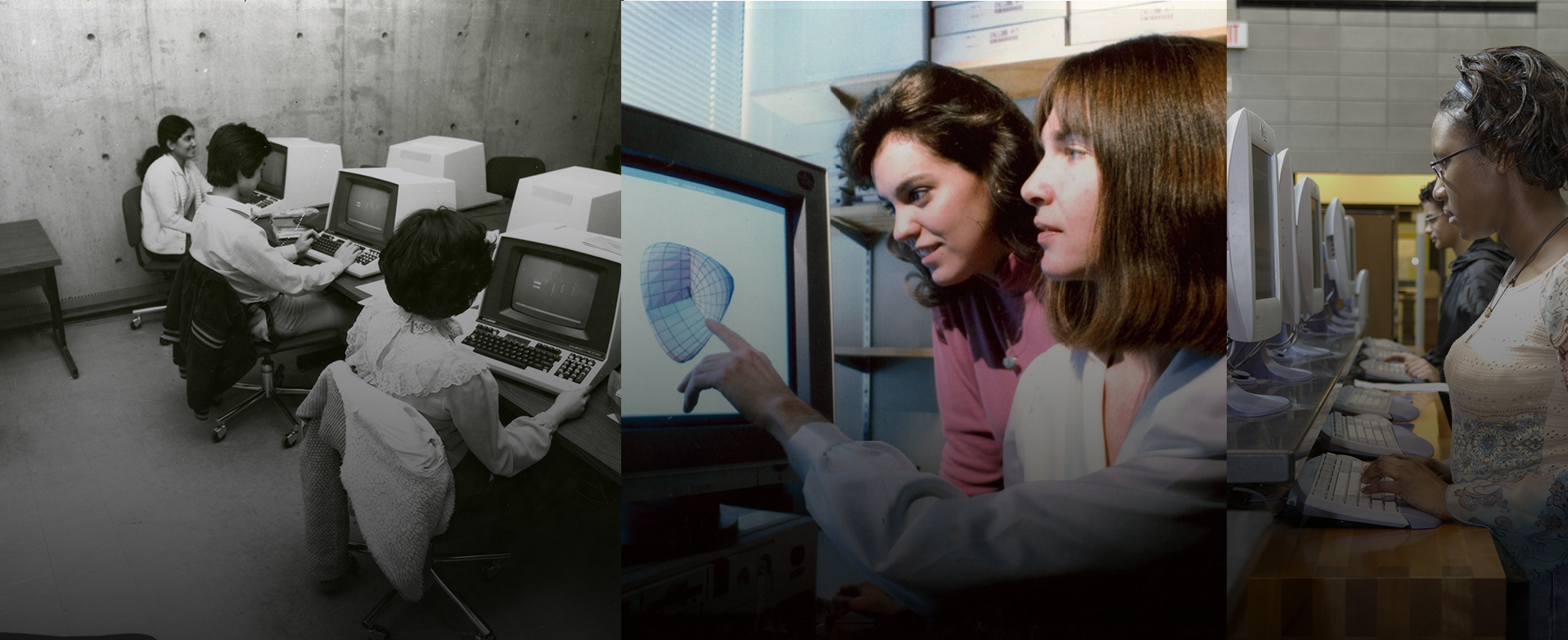 Three images of individuals using computers over history