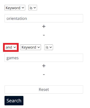 Keyword search for orientation and games with the search operator AND
