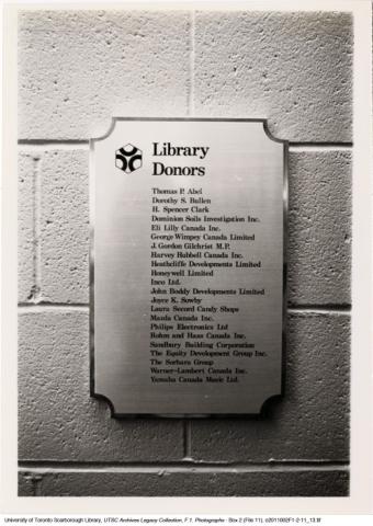 Donor Plaque in V.W. Bladen Library