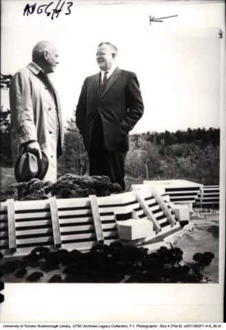 Vincent W. Bladen with Henry Bordon standing near model of Scarborough College
