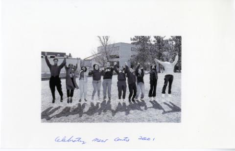 Students celebrating new centre, 2001