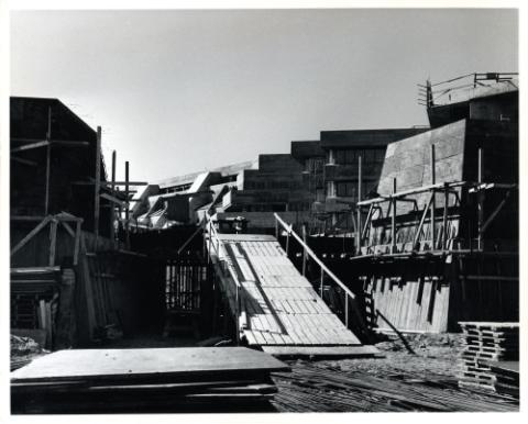 Construction of original Andrews building, view of Science Wing with ramps and scaffolding