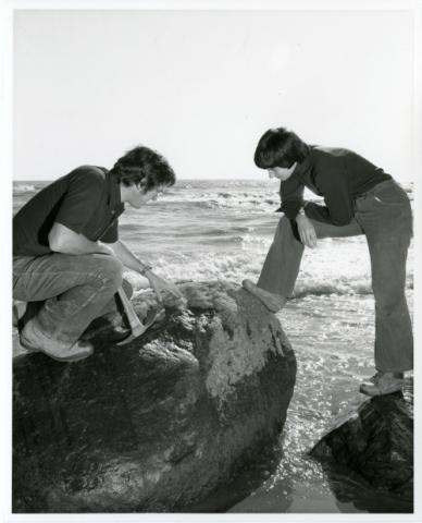 Students looking at rock in water