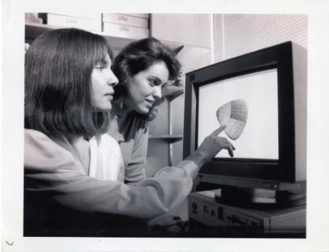 Photograph of people looking at computer model