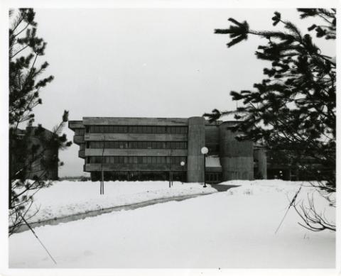 Exterior main entrance of original Scarborough College in the winter