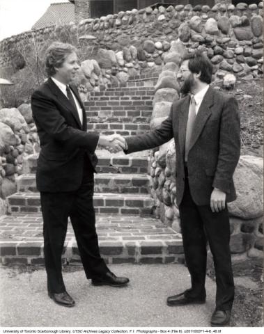 Principal Paul Thompson with President Robert Pritchard in front of Miller Lash House