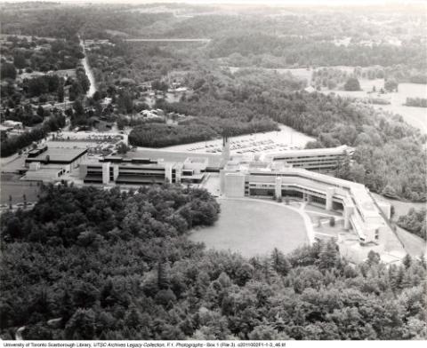 Aerial view of Recreation Wing, Humanities Wing & Science Wing with surrounding community - looking southeast