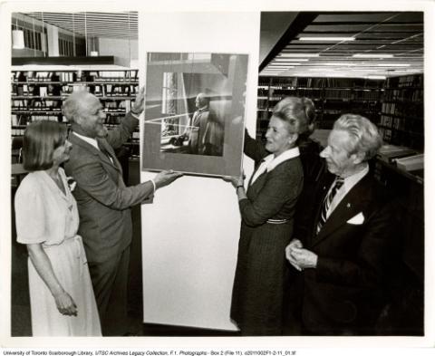 Portrait of V.W. Bladen, opening of library, Principal Joan Foley, UofT President James Milton Ham, Margaret Birch, MP and Scarborough Mayor Gus Harris. Scarborough College