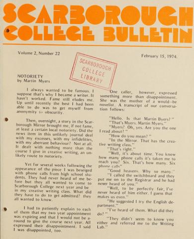 Scarborough College Bulletin, 15 February 1974
