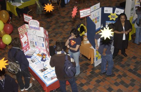 Aerial View, Tables, Presenters and Students, Amnesty International, Canadian Cancer Society (Scarborough Units), Volunteer Fair, the Meeting Place