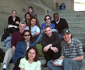 Students Sitting on H-Wing Patio Staircase