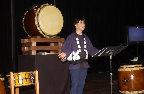 Taiko Performer with Drums, Taiko Ensemble, Lecture Demonstration