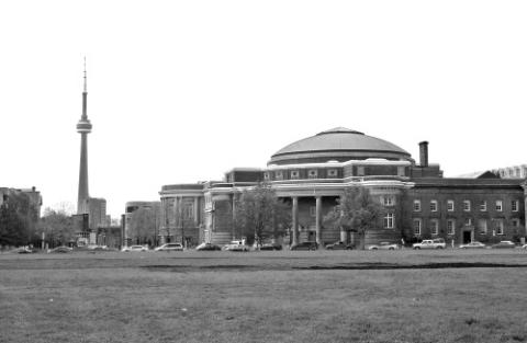 View of Convocation Hall, St. George Campus, CN Tower in the Background, Sky edited.