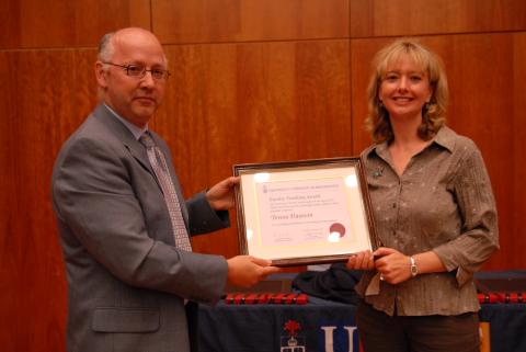 William Gough and Teresa Dawson with Ms. Dawson's Faculty Teaching Award, Celebration of Distinguished Services, ARC Lecture Theatre, Academic Resource Centre