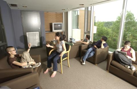 Students in Residence Common Room, Joan Foley Residence Hall, Promotional Image