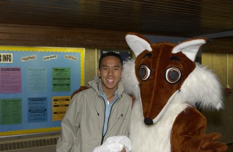 Student with Fox Mascot, Fusion Radio (Scarborough Campus Community Radio), (Opening Event for Arts & Administration Building (AA)), Meeting Place