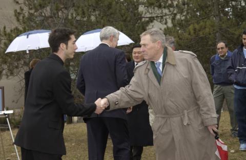 Dignitaries Leaving(?) Bill Blair Shakes Hands with Dan Bandurka, Groundbreaking Event for Student Centre, Outdoors on Site