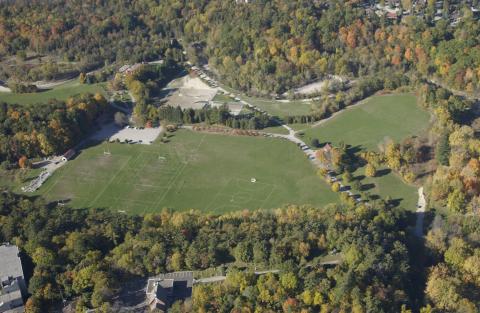 Aerial View, Soccer Fields and Adjacent Buildings, Highland Creek Valley