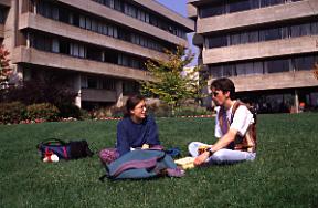 Students Seated on Lawn, H-Wing Patio