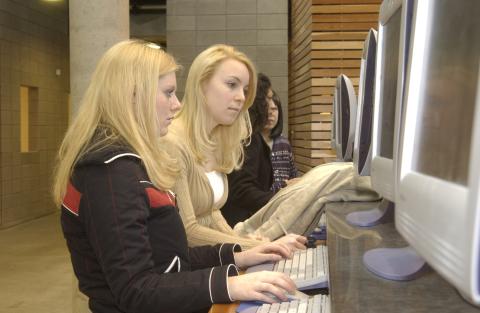 Two Students Use Catalogue Access Computers, Entrance, UTSC Library, Academic Resource Centre (ARC)