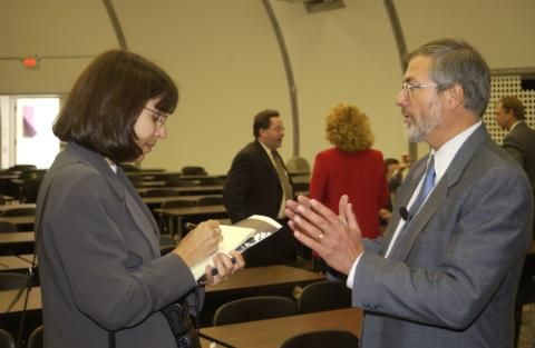 Paul Thompson Speaks with Event Attendee (taking notes), Opening of UTSC Pavilion (Temporary Lecture Space)