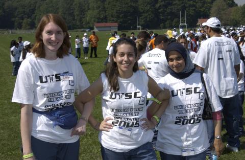 Three Students, Outdoors, Wearing Orientation T-Shirts, Orientation, 2005