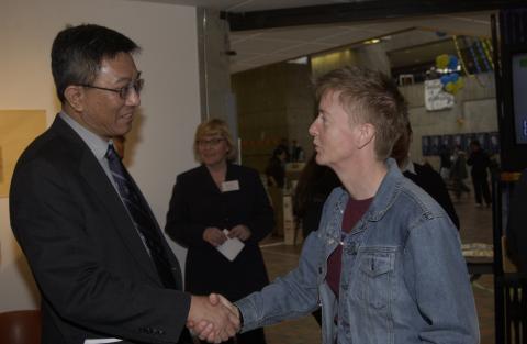 Speaker Shaking Hands with Kwong-loi Shun, Launch of Principal's Advisory Committee on Positive Space, Art Gallery (University of Toronto Scarborough), the Meeting Place