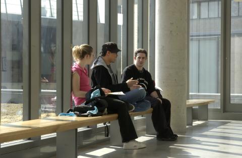 Students Sitting on Window Bench, Second Floor Hallway, Arts and Administration Building (AA)