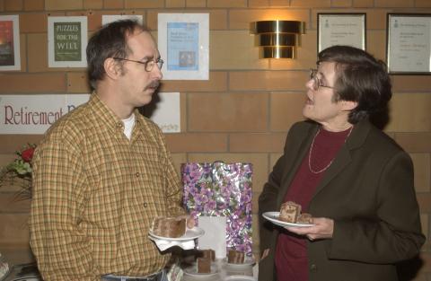 Event Attendee Talks with Pat Yakimov, Retirement Celebration for Pat Yakimov and Loan Le, Faculty Dining Room