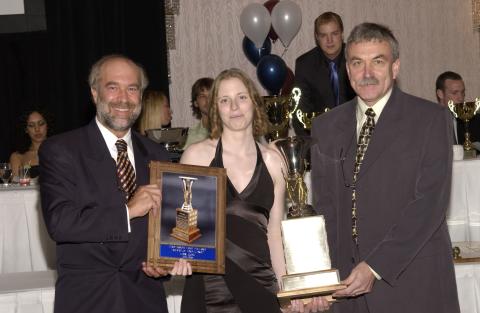Tom Nowers and Jaan Laaniste with Award Winner and Trophies, Scarborough Campus Athletic Association Banquet, Delta East Hotel