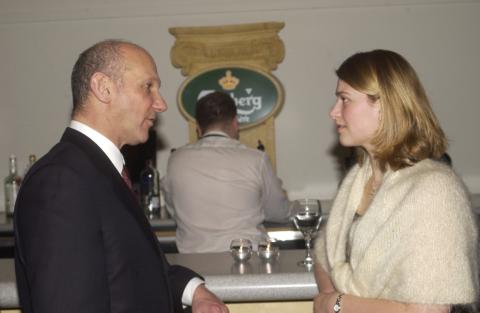 David Mirvish Speaks with Event Attendee, "Syncopation" Fundraiser for the Prague Project, Cascading Lobby Space, Elgin and Winter Garden Theatre