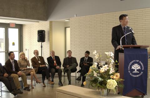 Kwong-loi Shun Speaking, Other Dignitaries Sitting Nearby, Groundbreaking Event for Science Research Building, First Floor Event Space, Arts and Administration Building (AA)