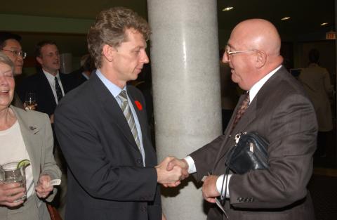 James Orbinski, Speaker for the 2004 F.B. Watts Memorial Lecture, Shakes Hands with Lecture Attendee, Reception, Green Room, Academic Resource Centre (ARC)