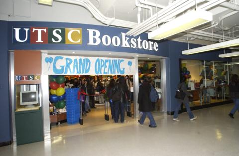 Entrance to UTSC Bookstore with Grand Opening Sign, Opening of UTSC Bookstore, Bladen Wing and Academic Resource Centre