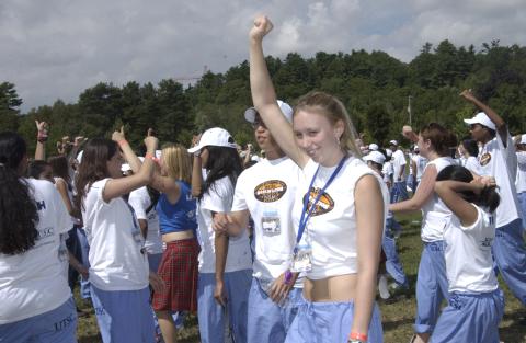 Orientation, 2003, Group of Students, Some with Arms Raised, Thumbs Up