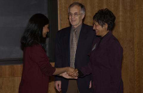 Preshiel Govind Shakes Hand with Student, John Youson Standing Nearby, Honours Night Ceremony, ARC Lecture Theatre, Academic Resource Centre