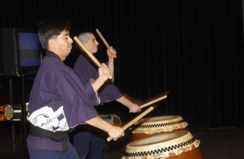 Two Drummers perform, Taiko Ensemble, Lecture Demonstration