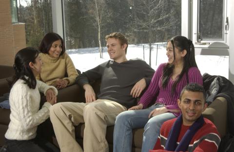 Group of Students in Common Area by Window, Joan Foley Hall Residence