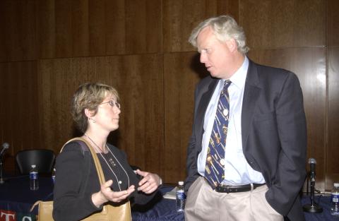Unidentified Woman Speaks with David Miller, Research Symposium in Support of the Mayors Panel on Community Safety, ARC Lecture Theatre, Academic Resource Centre (ARC)