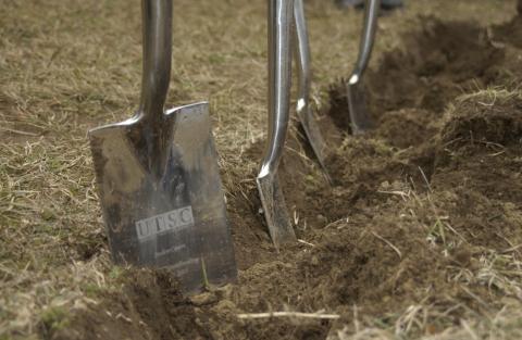 Close-up of Shovels, Groundbreaking Event for Student Centre, Outdoors on Site