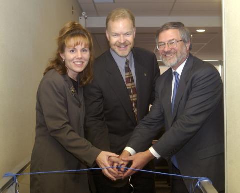 Unidentified Dignitary, Steve Gilchrist and Paul Thompson Cut Ribbon for Opening of Computer Lab funded by ATOP Program