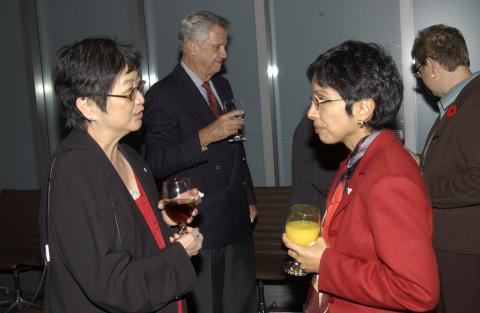 Sheela Basrur Talks with Event Attendee, 33rd F.B. Watts Memorial Lecture, Reception, New Council Chambers, AA160