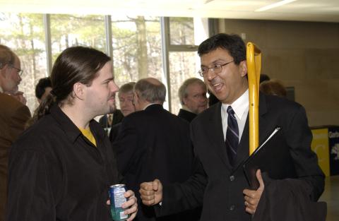 David Naylor Speaks with Student, Groundbreaking Event for Science Research Building, First Floor Event Space, Arts and Administration Building (AA)