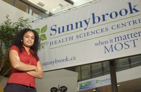 Co-op Student Beside Sunnybrook Health Sciences Centre Sign, Psychology Co-op Placement, Sunnybrook Health Sciences Centre, Promotional Image