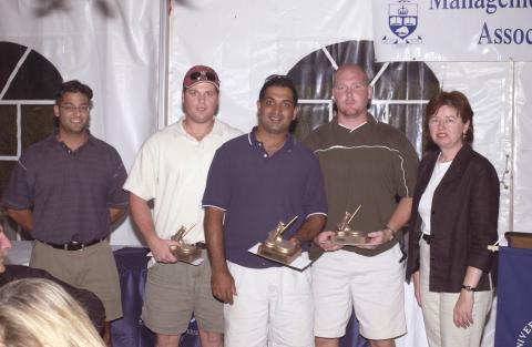 Three Golf Players with Awards, and Two other Event Participants, UTSC Management Alumni Association Golf Tournament, 2001, Deer Creek Golf Club