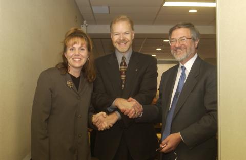 Unidentified Woman, Steve Gilchrist and Paul Thompson, Opening of Computer Lab (funding from Access to Opportunities Program (ATOP))