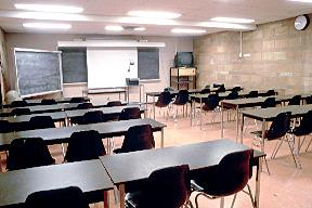 Classroom Interior, Flat Floor with Tables and Chairs