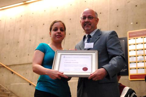 William Gough with Camille Correia and her Certificate, Honours Night Event, the Meeting Place