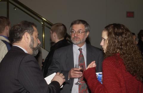 Michal Shonberg and Paul Thompson Speak with Event Attendees, "Syncopation" Fundraiser for the Prague Project, Cascading Lobby Space, Elgin and Winter Garden Theatre